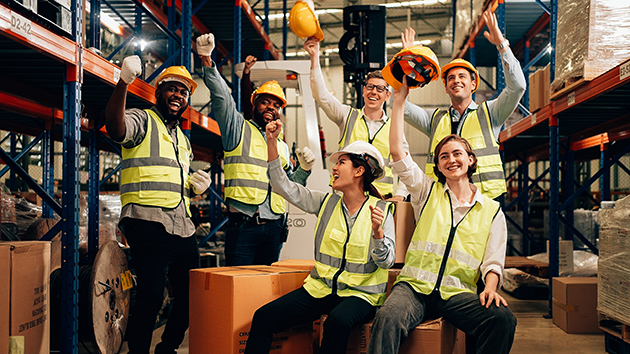 Professional,Warehouse,Worker,Team,Celebrating,Success,In,Warehouse,Factory,,Cheerful